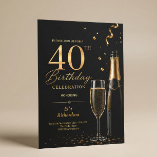 Black & Gold Champagne Glam Elegant 40th Birthday Invitation