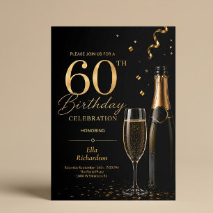 Black & Gold Champagne Glam Elegant 60th Birthday Invitation