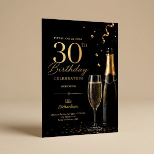 Black & Gold Champagne Glam Elegant Birthday Invitation