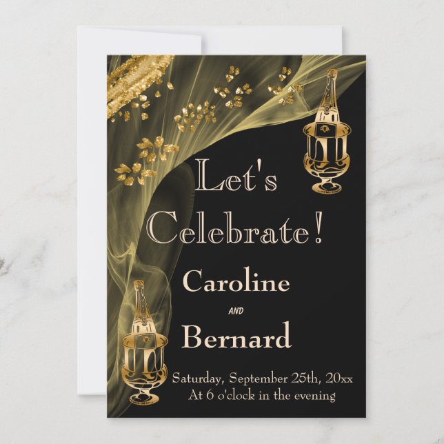 Black & Gold Champagne Ice Bucket Engagement Party Invitation (Front)