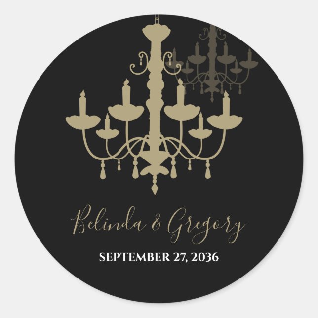 Black Gold Chandelier Wedding Classic Round Sticker (Front)