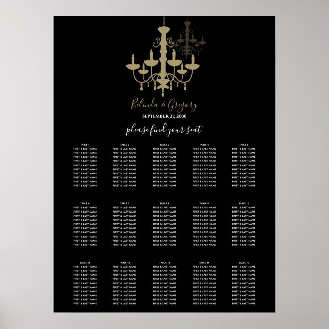 Black Gold Chandelier Wedding Seating Chart (Front)