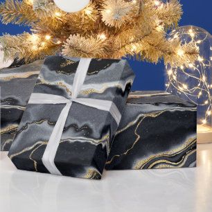 Black gold charcoal agate marble look glam party wrapping paper