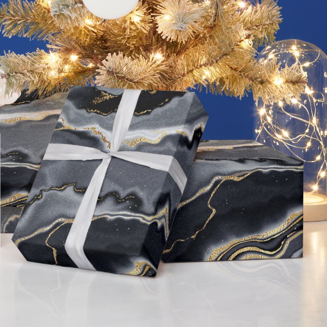 Black gold charcoal agate marble look glam party wrapping paper (Holidays)
