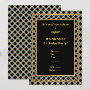 BLACK GOLD CHECK BACHELOR PARTY INVITE