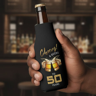Black & Gold Cheers & Beers 50 Years 50th Birthday Bottle Cooler