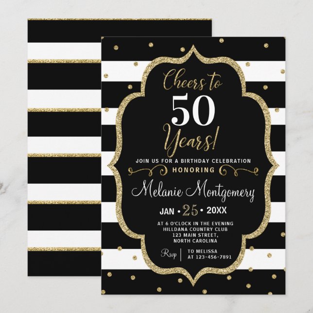 Black Gold Cheers Birthday Party Invitation (Front/Back)