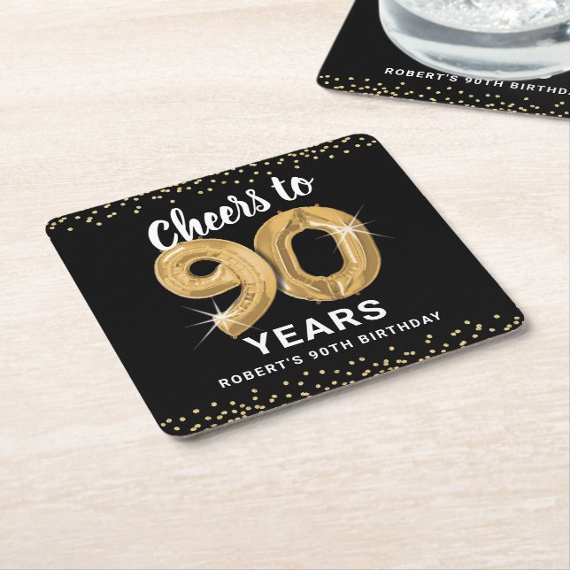 Black Gold Cheers to 90 Years Birthday Square Paper Coaster (Angled)