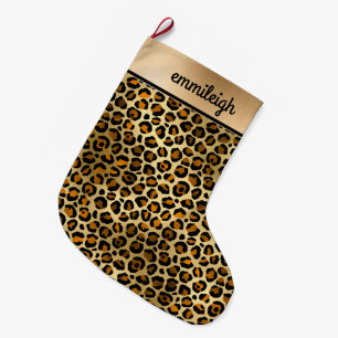 Black Gold Cheetah Leopard Monogram Christmas Large Christmas Stocking