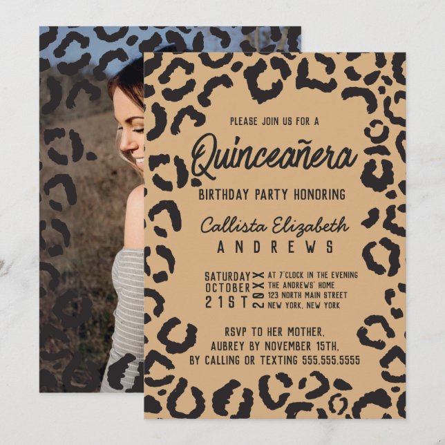 Black Gold Cheetah Leopard Quinceañera Photo Invitation (Front/Back)