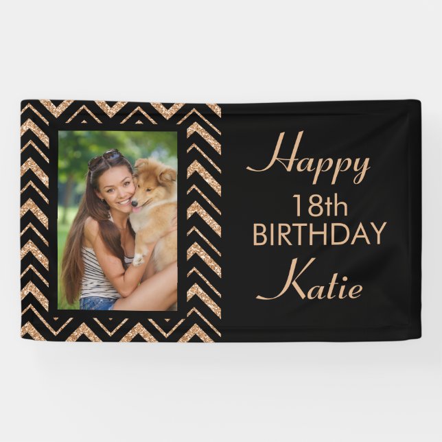 Black Gold Chevron 18th Birthday Party  Photo Banner (Horizontal)