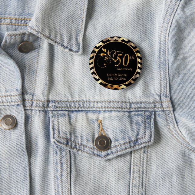 Black & Gold Chevron 50th Wedding Anniversary 2 Inch Round Button (In Situ)