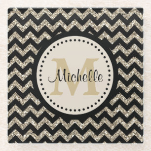 Black Gold Chevron Monogram Glass Coaster