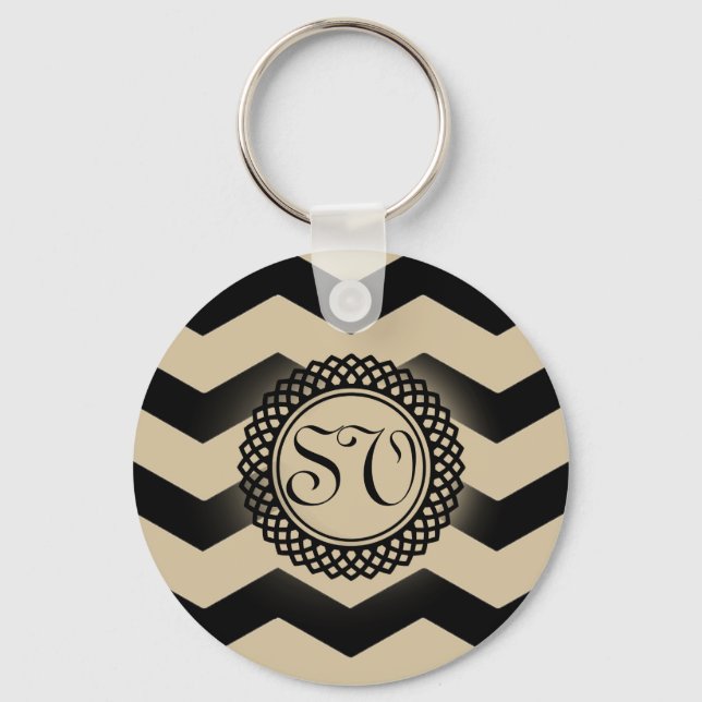 Black & Gold Chevron Monogram Keychain (Front)