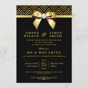 Black Gold Chevrons Bow Wedding Reception Only Invitation