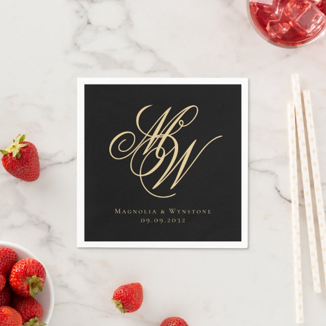 Black Gold Chic Monogram Wedding Napkin (Insitu)