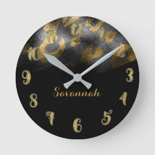 Black & Gold Chic Sleek Leopard Cheetah Print Round Clock