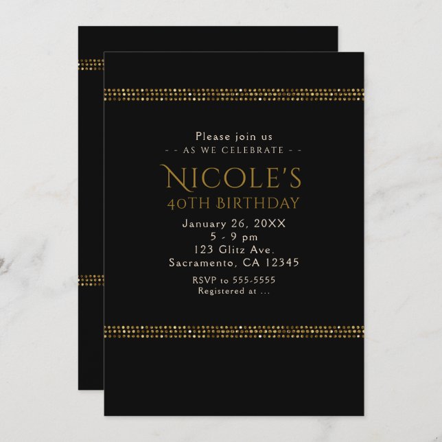Black & Gold Chic Sparkling Glam Party Invitations (Front/Back)