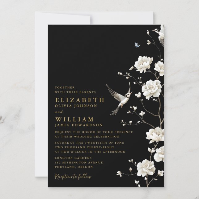 Black Gold Chinoiserie Floral All In One Wedding Invitation (Front)