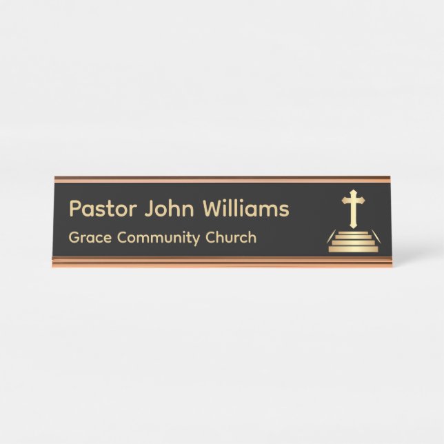Black / Gold Christian Cross Church Desk Name Plate (Front)