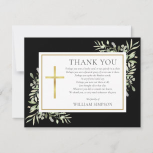Black Gold Christian Funeral Greenery Poem Thank You Card