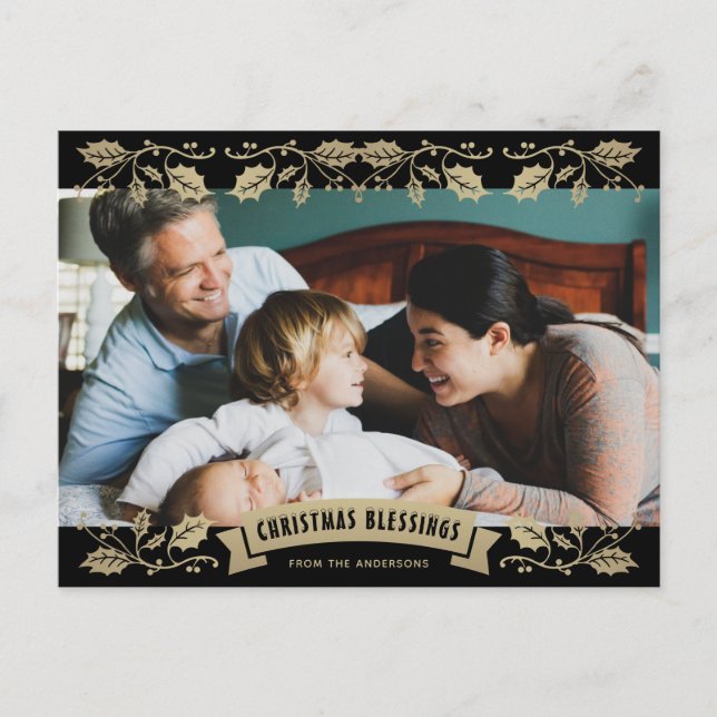 Black Gold Christmas Blessings Christian Photo Holiday Postcard (Front)