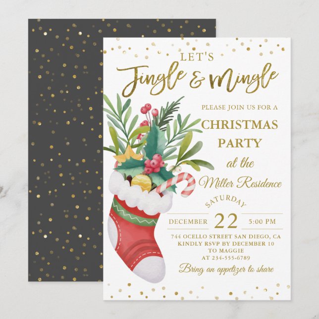 Black Gold Christmas Floral Sock Jingle and Mingle Invitation (Front/Back)