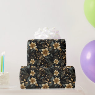 Black Gold Christmas Floral White Poinsettia Wrapping Paper