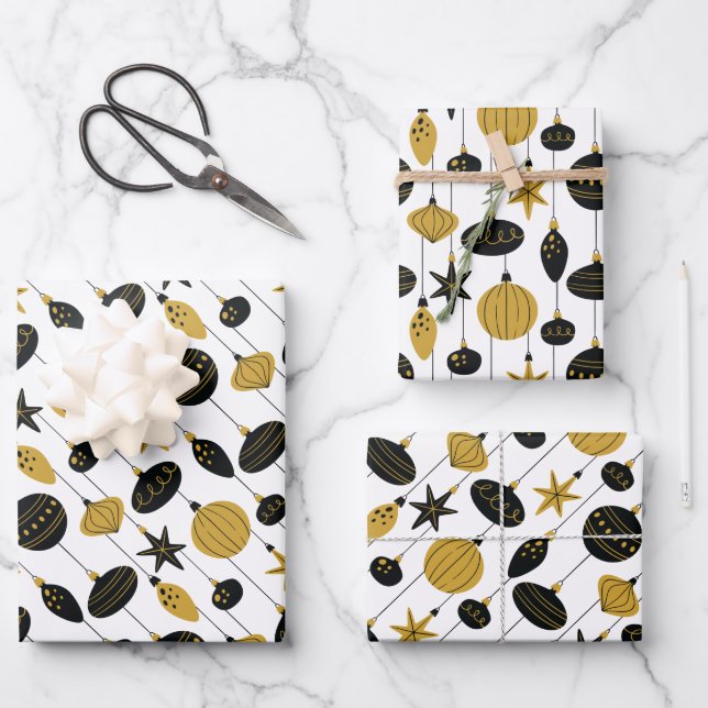 Black Gold Christmas Ornaments Wrapping Paper Sheet (Front)