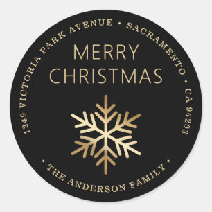 Black Gold Christmas Snowflake Return Address Classic Round Sticker
