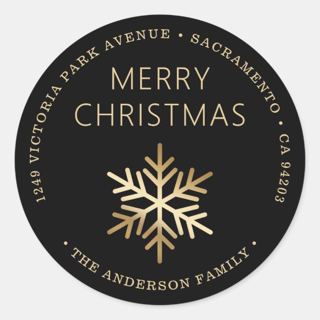 Black Gold Christmas Snowflake Return Address Classic Round Sticker (Front)