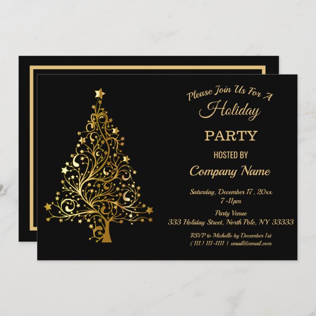 Black Gold Christmas Tree Corporate Holiday Party Invitation (Front/Back)