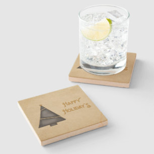 Black Gold Christmas Tree Happy Holidays Stone Coaster