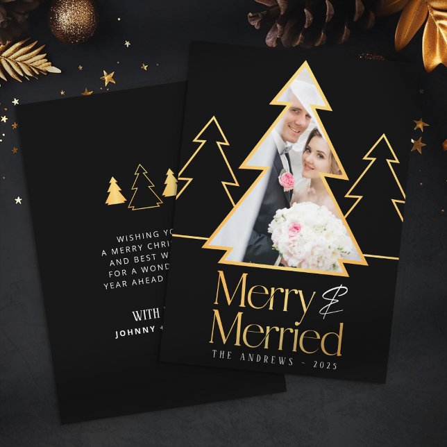 Black & Gold Christmas Tree Newlywed Photo Holiday Card (Creator Uploaded)
