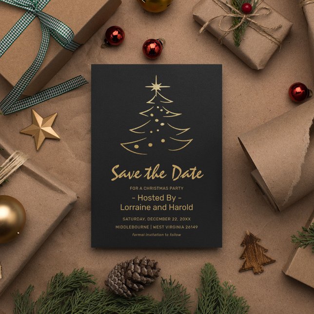 Black & Gold Christmas Tree Save the Date  Invitation Postcard (Creator Uploaded)