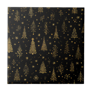 Black Gold Christmas Trees Elegant Woodland Tile
