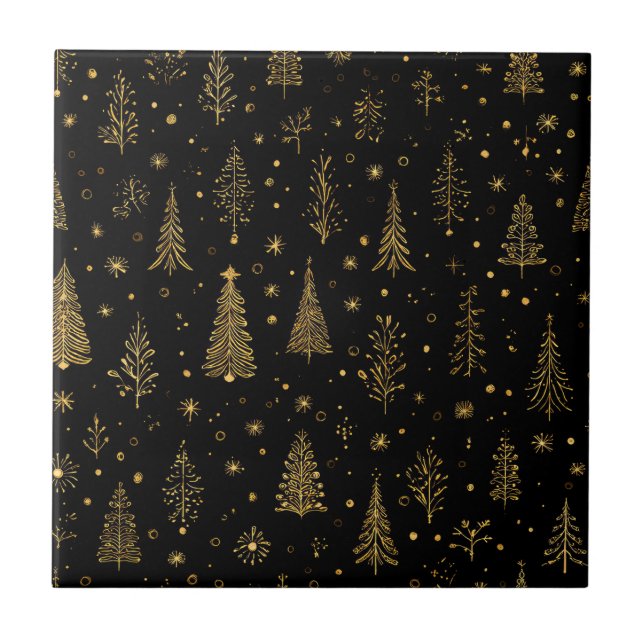 Black Gold Christmas Trees Elegant Woodland Tile (Front)