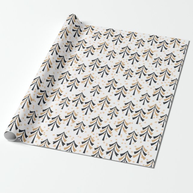 Black Gold Christmas Trees Holiday Wrapping Paper (Unrolled)