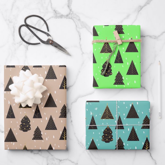 Black & Gold Christmas Trees, Snow Wrapping Paper Sheet (Front)