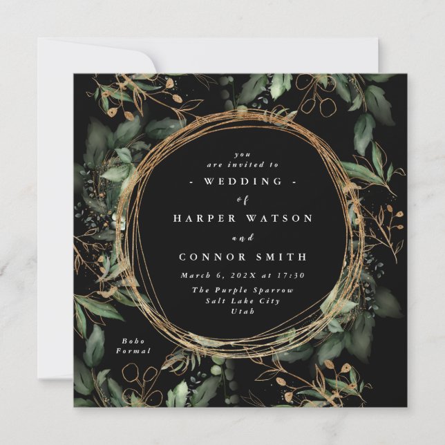 Black Gold Circle Frame Boho Botanical Eucalyptus Invitation (Front)