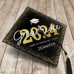 Black Gold Class of 2024 Graduation Cap Topper<br><div class="desc">Elegant graduation cap topper featuring a stylish black background that can be changed to any colour,  a mortarboard,  gold glitter border,  the year 2024 in a faux gold foil font,  and a modern text template that is easy to personalize.</div>