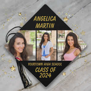 Black Gold Class of 2024 Graduation Photo Collage Cap Topper