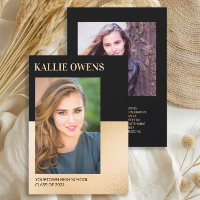 Black Gold Class of 2024 Photo Graduation  (2-photo black and gold graduation announcement)