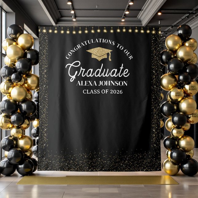 Black & Gold Class Of 2026 Graduation Backdrop Tapestry (Creator Uploaded)
