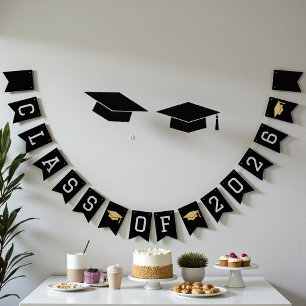 Black & Gold Class Of 2026 Graduation Party Bunting Flags