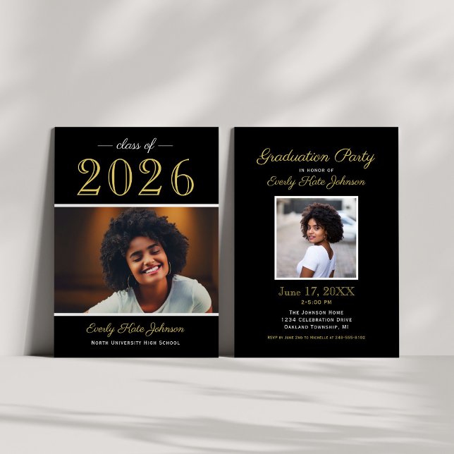 Black Gold Class of 2026 Photo Graduation Party Invitation (Creator Uploaded)