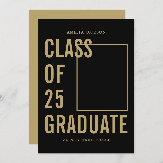 Black & Gold Class Of 25 Photo & Bio Graduation Announcement (Front/Back)