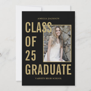 Black & Gold Class Of 25 Photos Graduation Party Invitation
