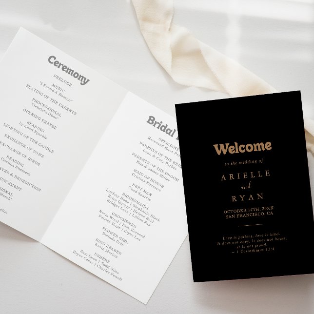 Black Gold Classic Minimal Folded Wedding Program (Creator Uploaded)