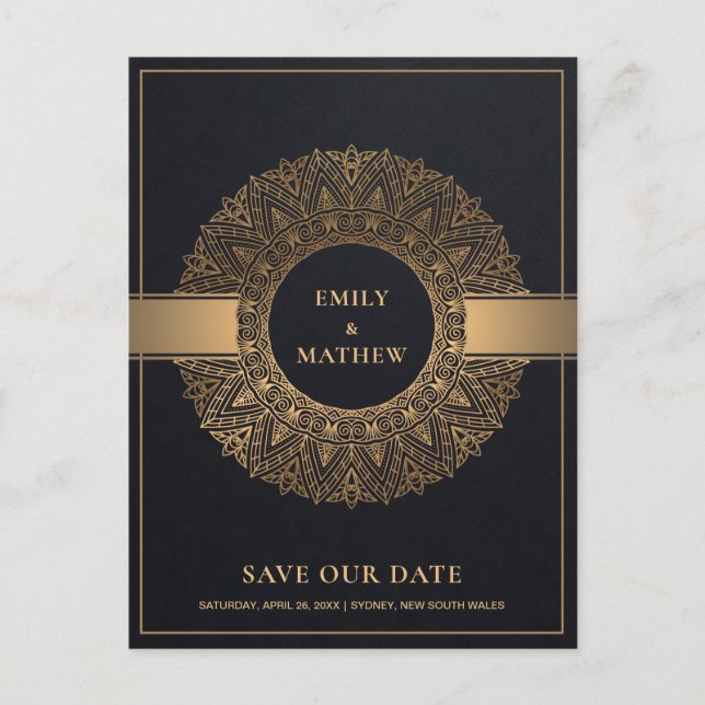 BLACK GOLD CLASSIC ORNATE MANDALA SAVE THE DATE ANNOUNCEMENT POSTCARD (Front)